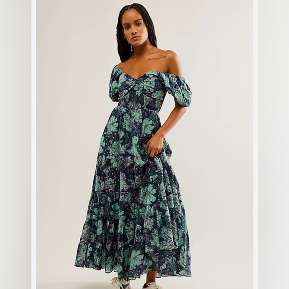 FREE PEOPLE Sundrenched Floral Tiered Maxi Sundress | Emerald Combo Floral NWOT - Picture 3 of 7